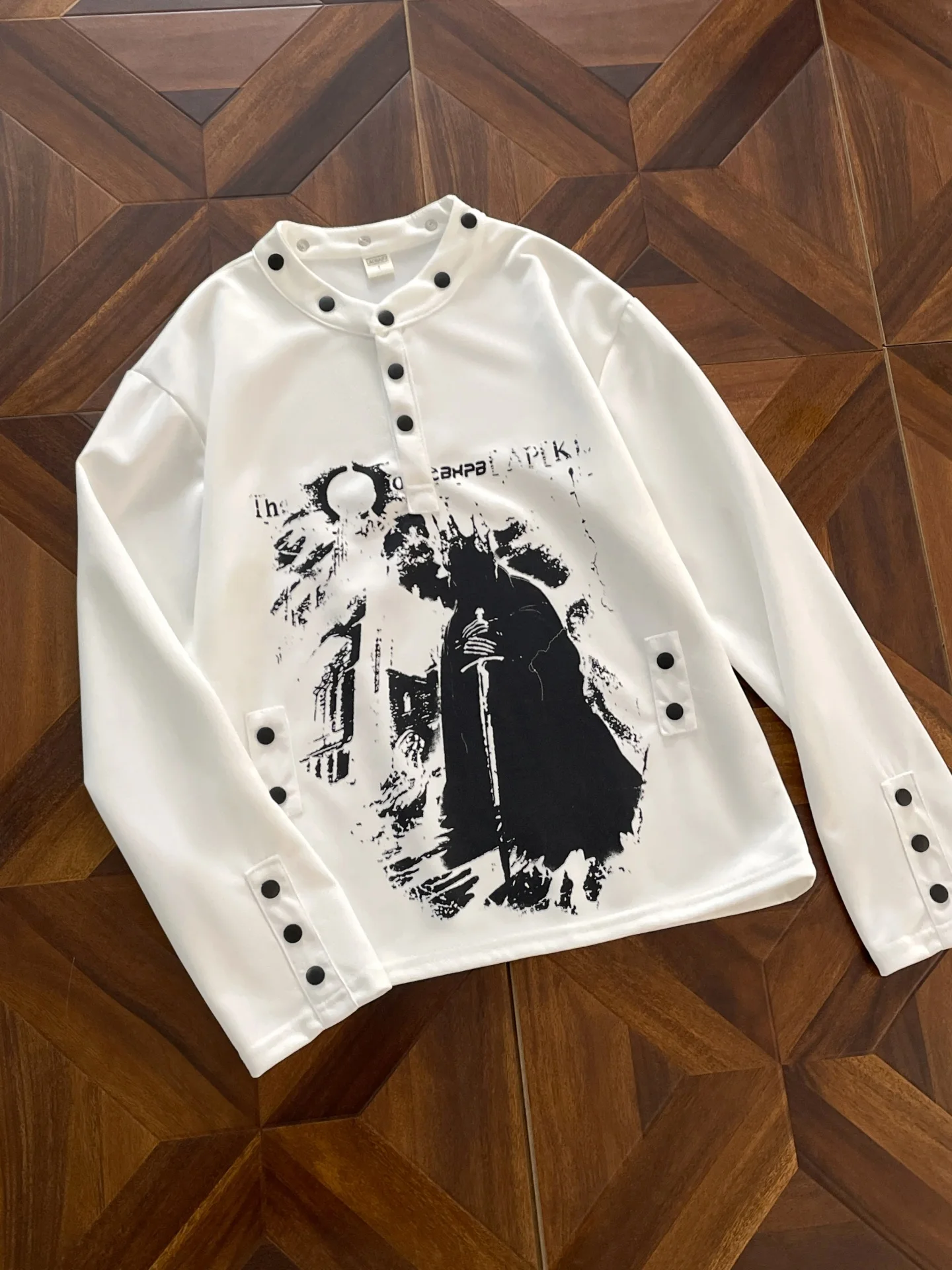 Y2K Subculture Castle Print Stand Collar Sweatshirt Long Sleeve Henry Collar Unisex High End Feeling Rivet American Style T-S...
