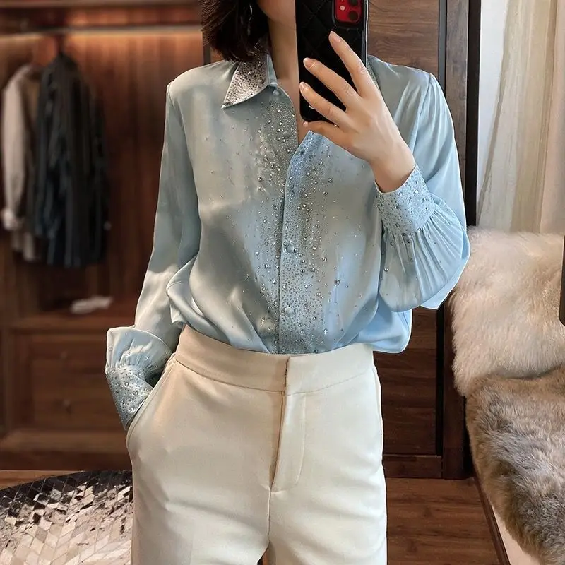 Spring Autumn Fashion Turn-down Collar Long Sleeve Solid Color Embroidered Flares Blouses Women\'s Clothing Simplicity Chic Shirt