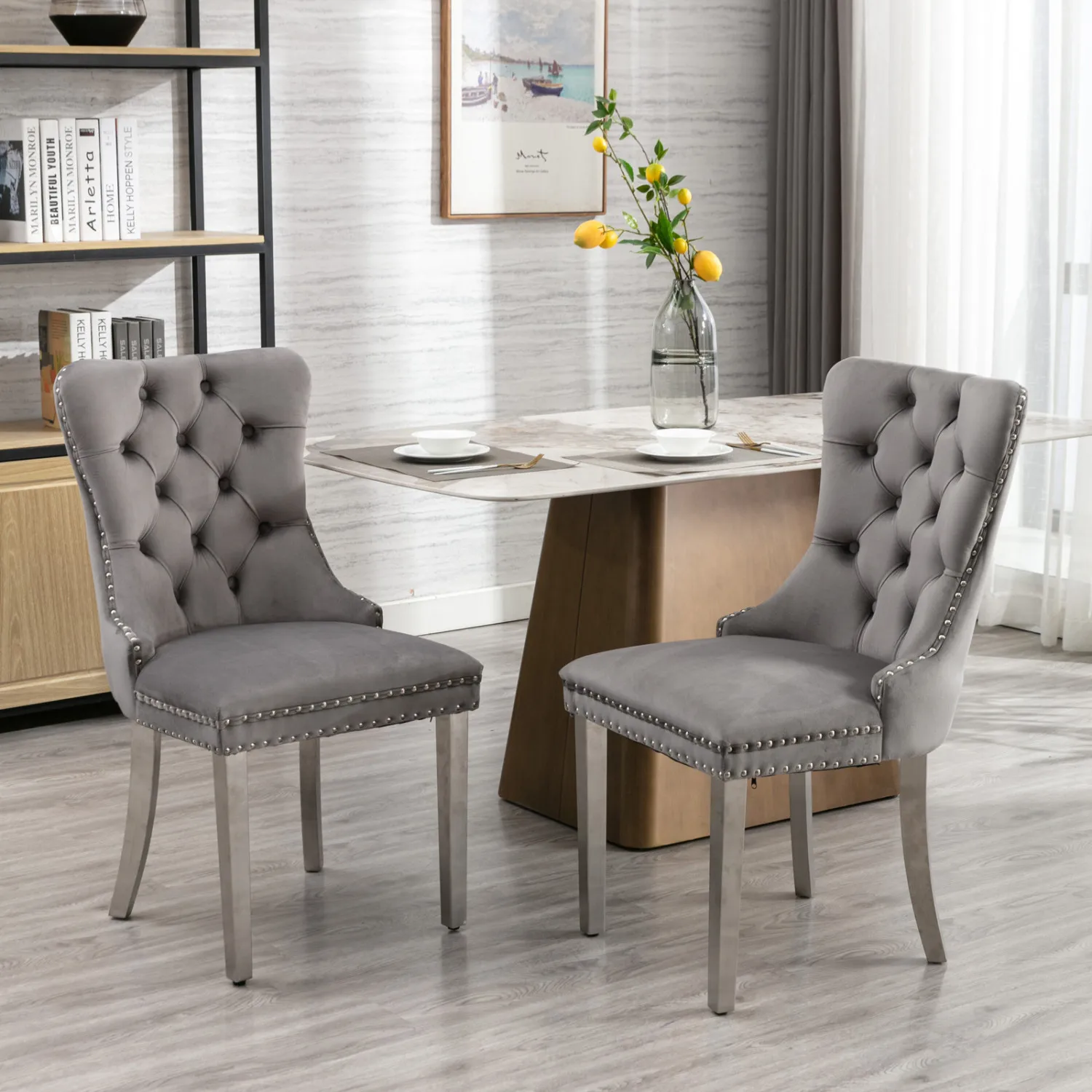 

A&A Furniture,Nikki Collection Modern, High-end Tufted Solid Wood Contemporary Velvet Upholstered Dining Chair with Chrome Stain