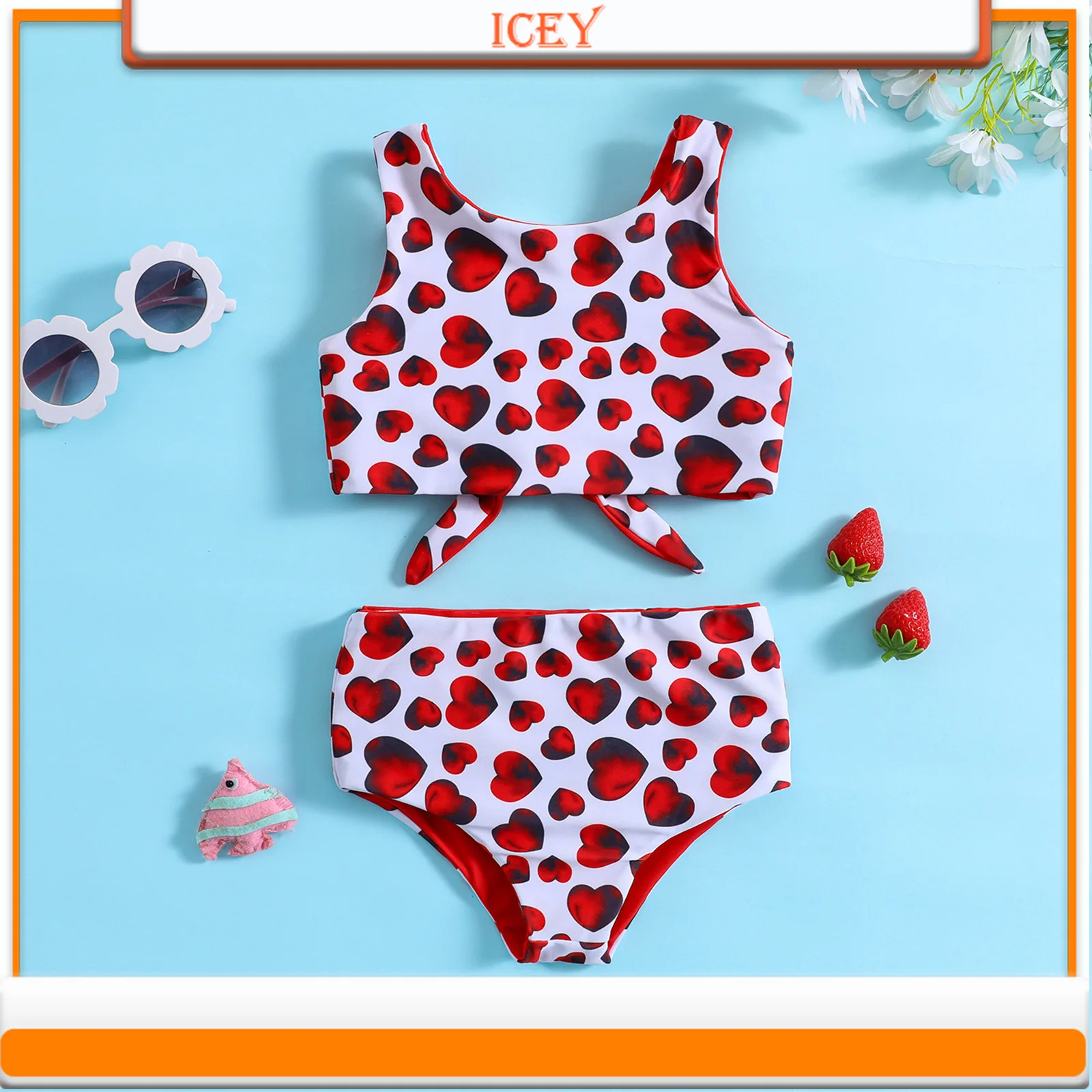 Girls and Baby Girls Wearing Cute Flower Print 2-piece Bikini Swimsuit Set on Both Sides Two-Piece Suits