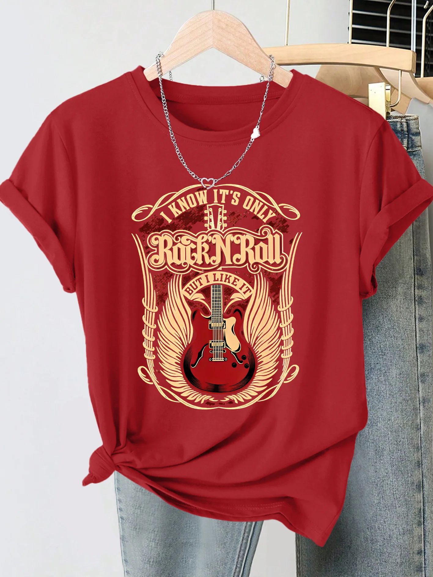Rock N Roll Guitar Retro Printed Summer New Style Women's Round Neck Daily Commuter T-shirt Playful Age Reducing Top