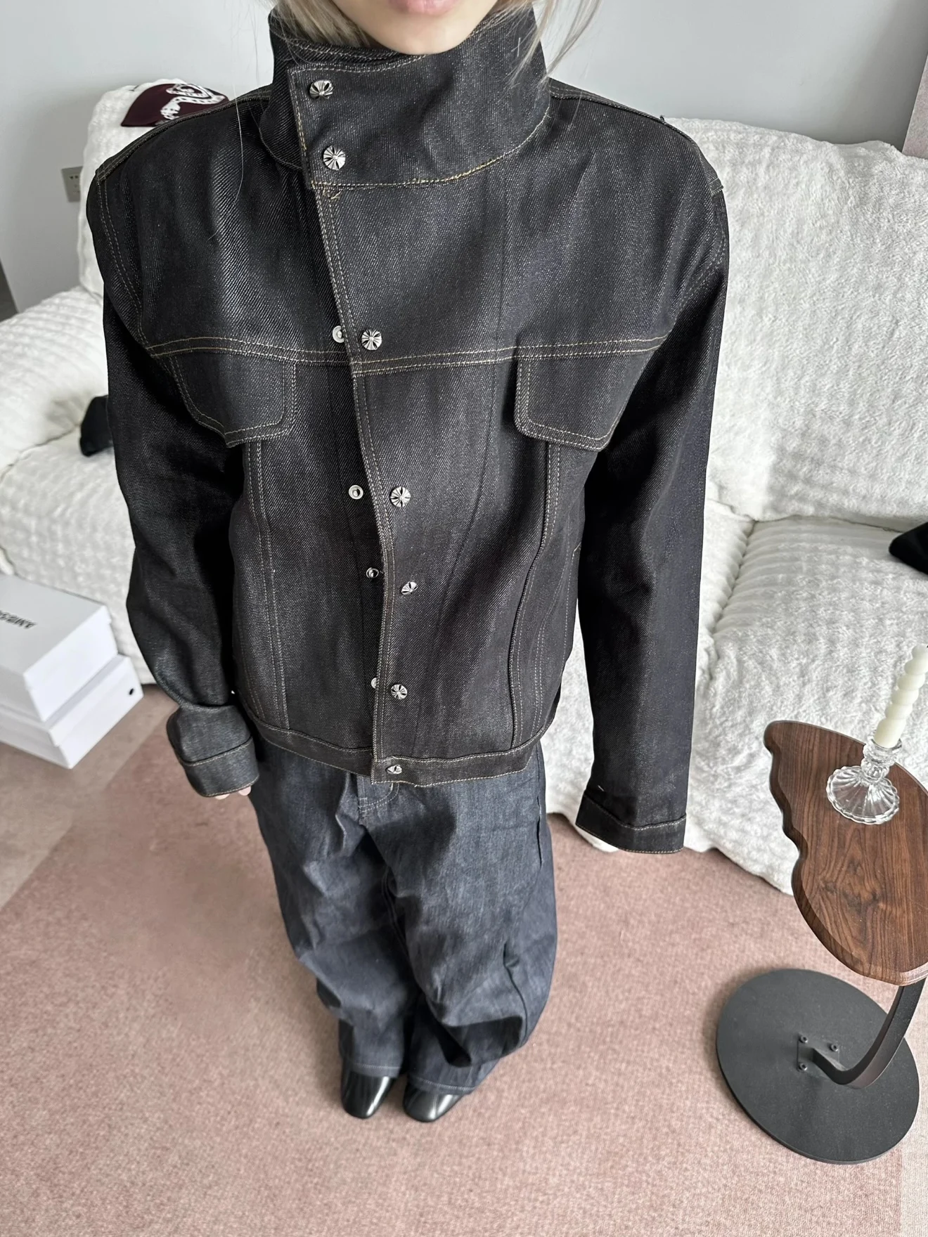 

Американские ретро ort Широкие оригинальные джинсы Jaet ex Design Жесткое и универсальное джинсовое пальто Молодежное повседневное осеннее длинное све