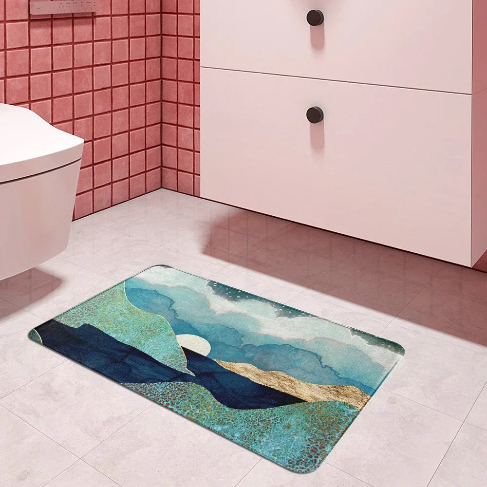 Winter River Entrance Door Mat Bath Mat Rug Winter River Landscape Nature Mountain Sun Teal Blue Aqua Mint Navy Gold Trees