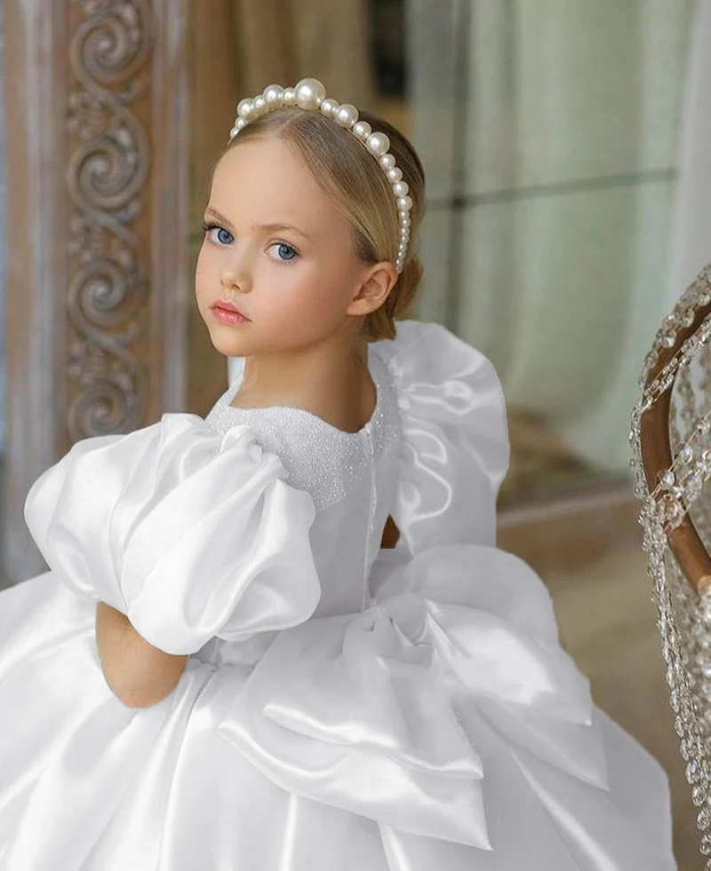 White Flower Girl Dresses For Wedding Toddlers Puff Sleeves Princess Pageant Dress With Bow Kids First Communion Party Gowns