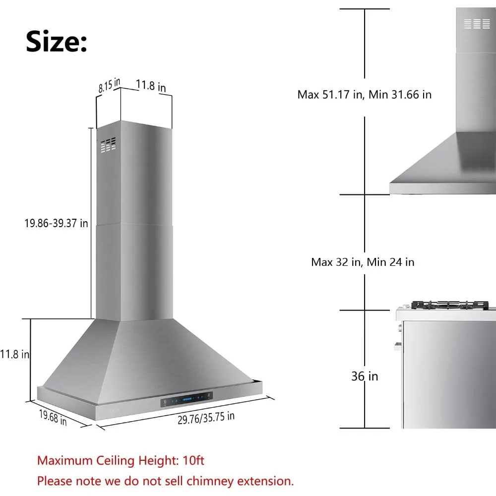 Wall Mount aço inoxidável Gama Hood, cozinha chaminé ventilação, gesto Sensor, canalizado, Ductless, conversível, 900 CFM