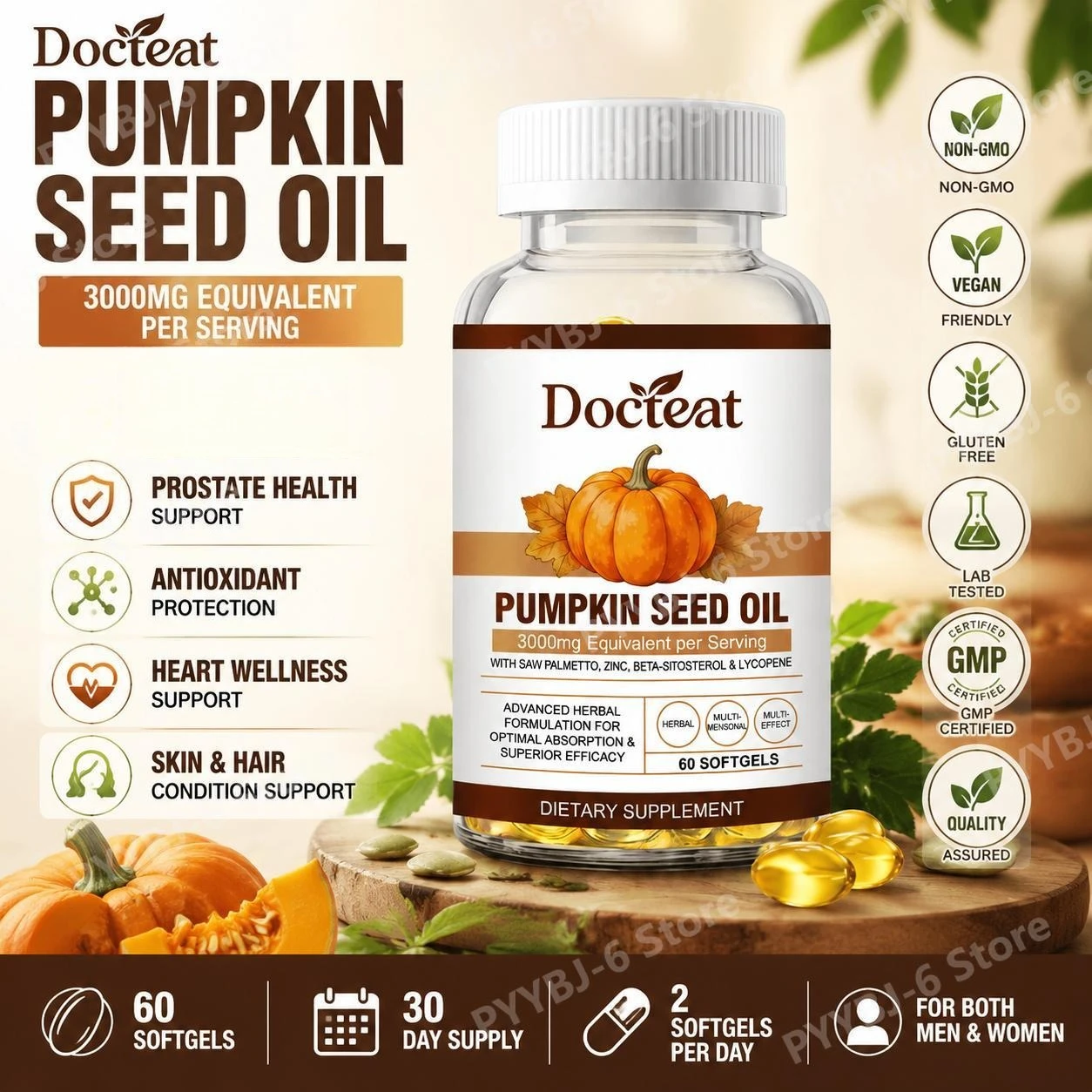 

Docteat Pumpkin Seed Oil Softgels 60 Count with Zinc & Vitamin E, Antioxidant Protection, Prostate Support, Health Supplement