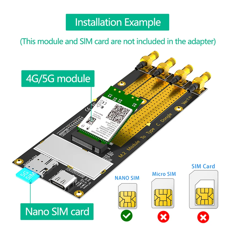 Imagem -04 - tipo c Adaptador de Rede com Cabo Usb 3.0 m2 b Key 3g 4g Módulo 5g Nano Slot Suporte para Antena Rm500q Rm500u Gm800 Sim8200