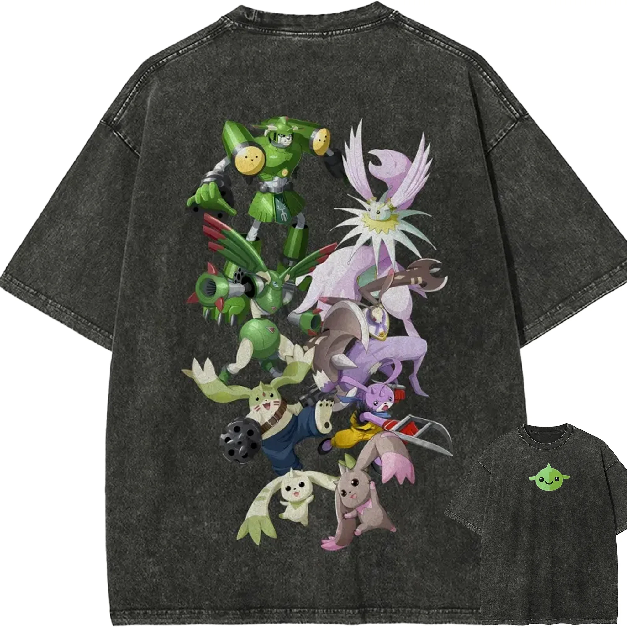 SaintGalgomon T-Shirt Herren Digimon Terriermon Lopmon Vintage Acid Wash Streetwear Übergroße Retro Anime Grafik Baumwoll-T-Shirts