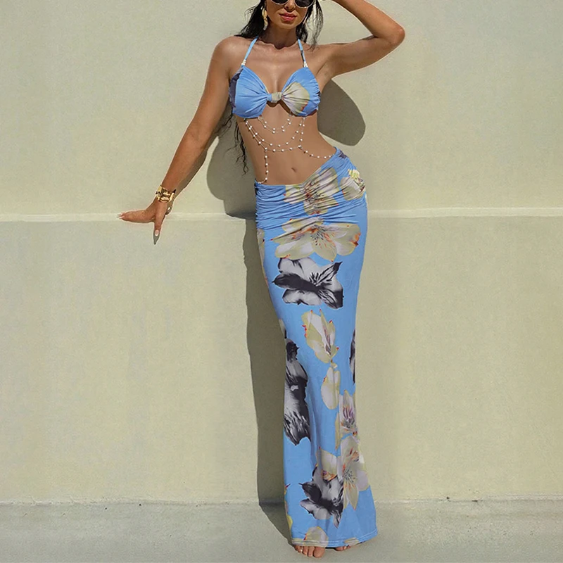 Sexy Hot Girl Sleeveless Backless Fit Beach Dress Summer Beading Decoration Dress Fashion Gradient Print Hollow Out Halter Dress