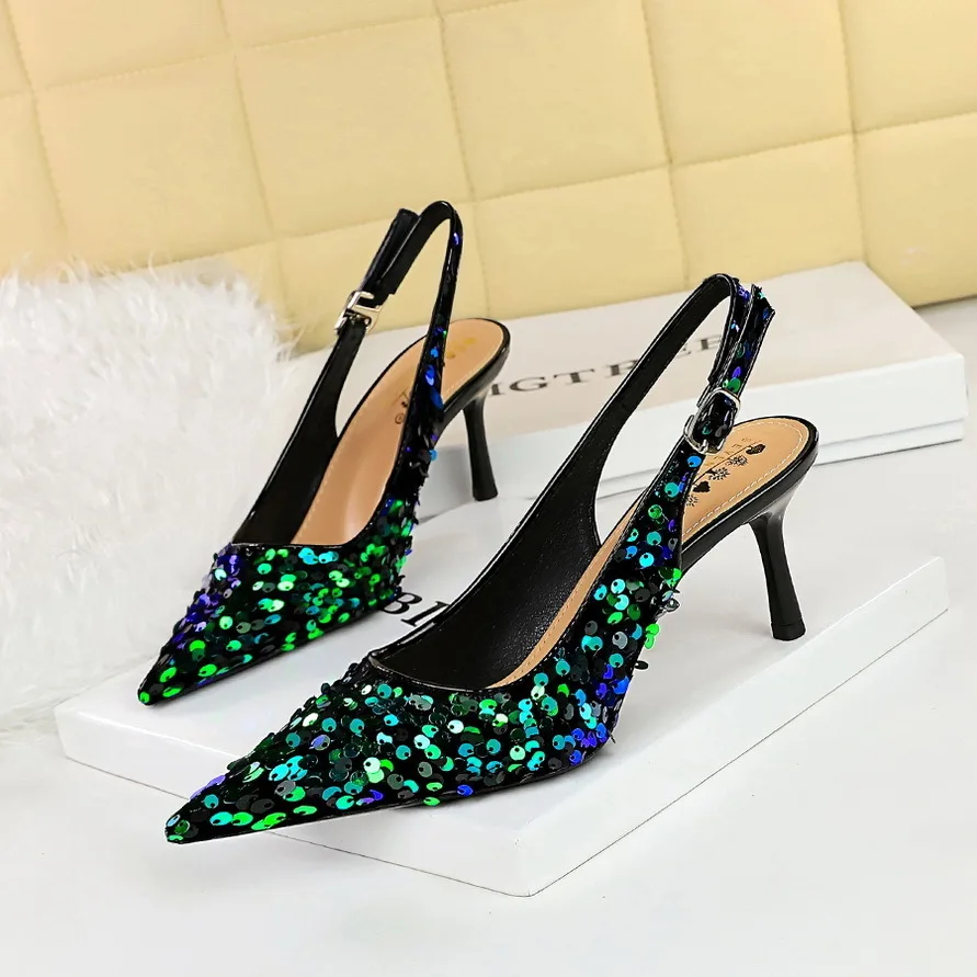 

new pattern Style Banquet High Heels Women's Empty Shoes Shallow Cut Pointed Hollow Back Strap Sequin Single Shoes Women Pumps