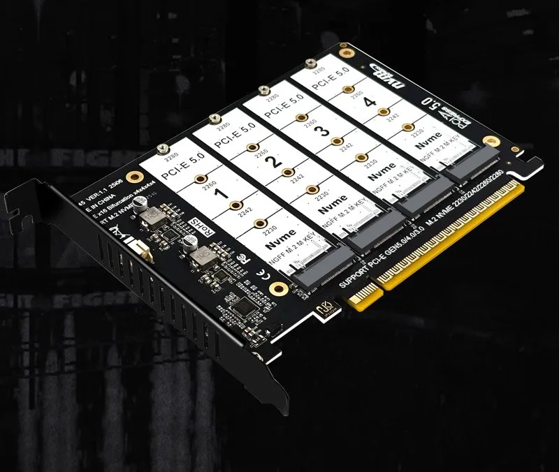 

PCIE5.0 4.0 X16 to 4 Port NVME Adapter Bifurcation Card PCI-E GEN5 16X to 4 128Gbps Raid Card for 2230 2242 2280 M2 NVME SSD