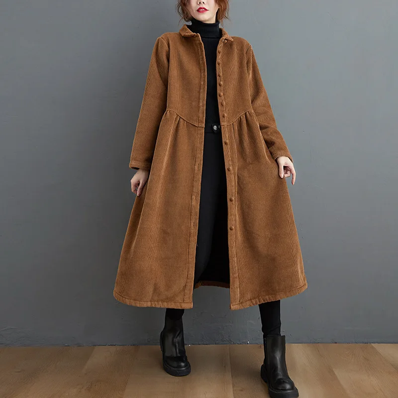 

Comemore Autumn Winter Women Trench Fleece Long-sleeved Loose Corduroy Solid Color Vintage Fashion Casual Women Long Warm Coat