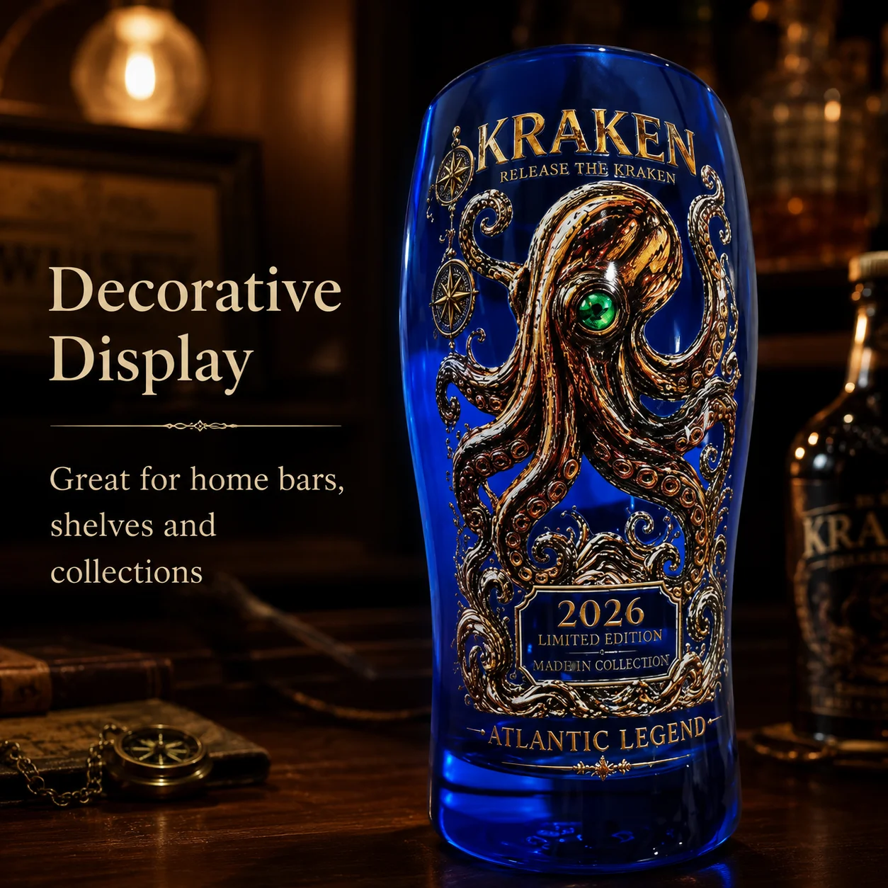 Kraken Atlantic Legend 2026 Limited Edition Glass Tumbler, Blue Deep Sea Octopus Print Bar Cup for Collectors & Bar Lovers