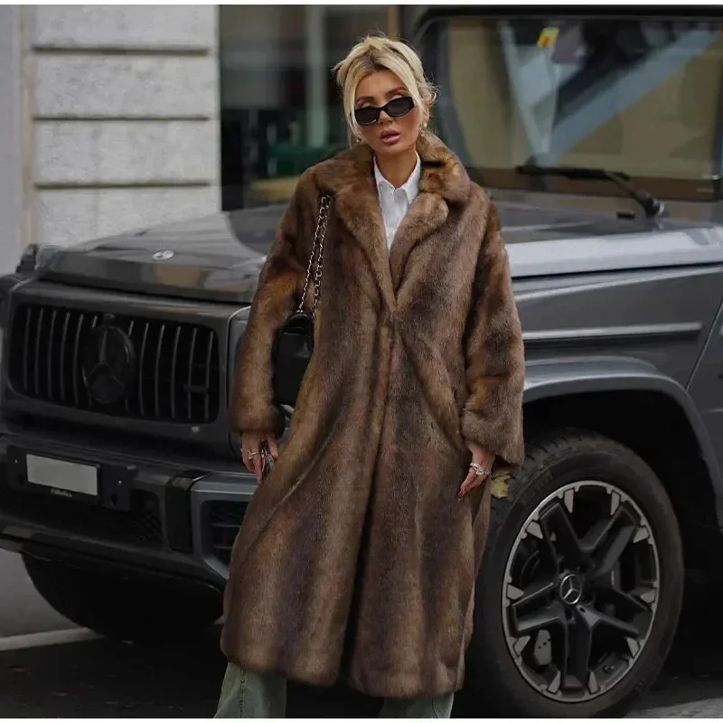 Fashion Lapel Thick Brown Mixed Fur Jacket Women Chic Long Sleeve Fluffy Plush Warm Maxi Coat Winter Lady Highstreet Outwear