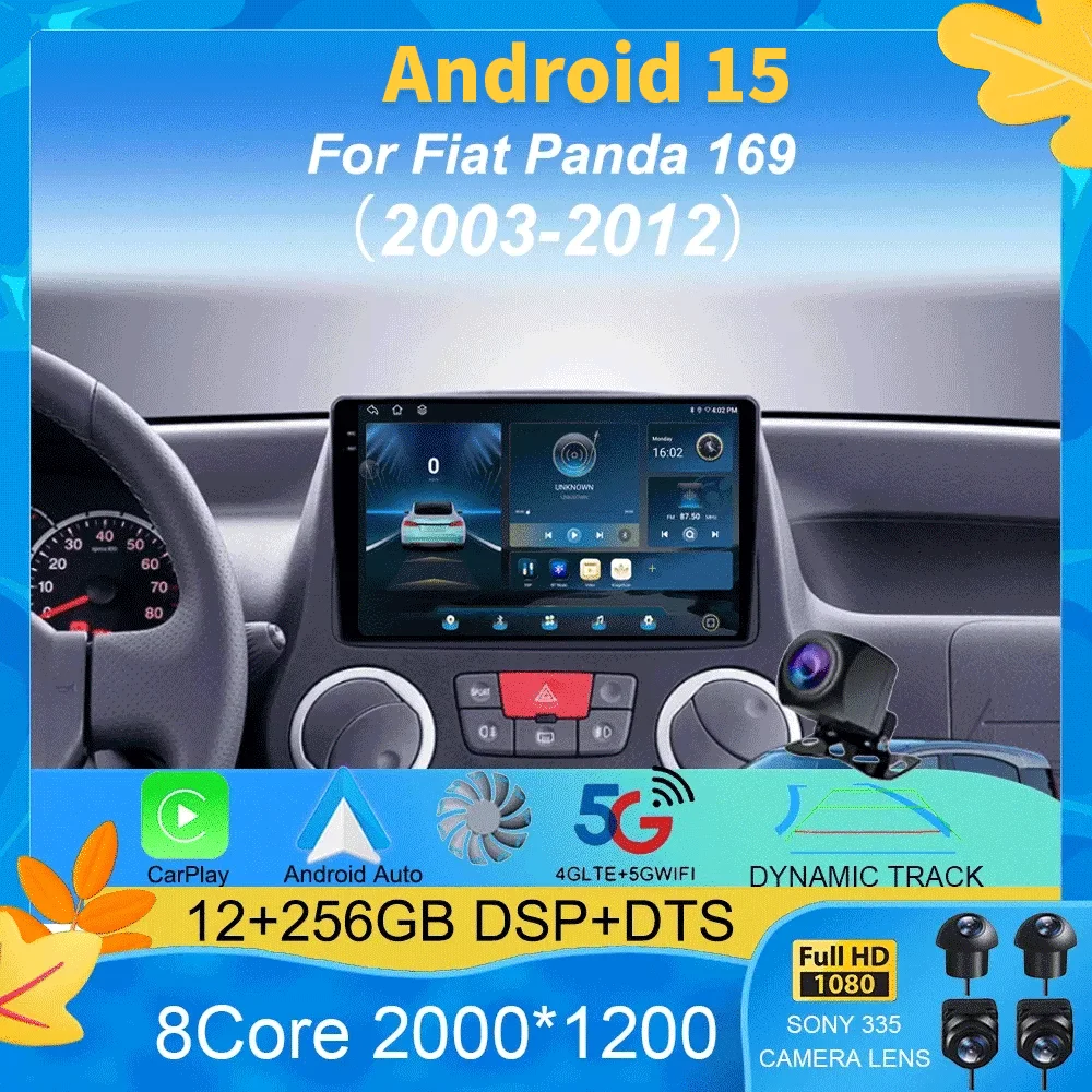 Car Radio Android 15 For Fiat Panda 169 2003 2004 2005- 2012 Carplay Auto GPS Navigation 360 Camera Stereo 2 Din Video Player BT