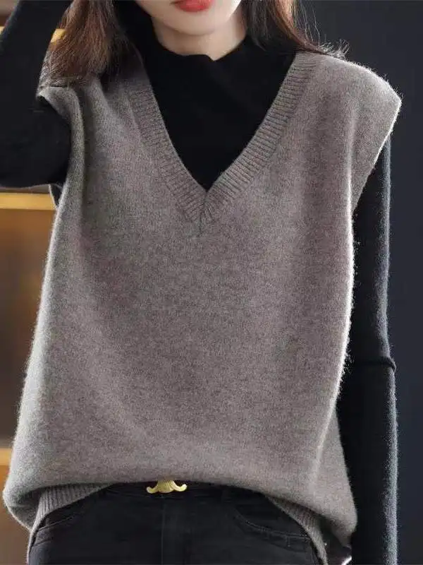 

Women's Vest Autumn Versatile Base Layer Knitted Sweater Fashionable Commute Style Loose Fit V-Neck Warmth Inner Wear