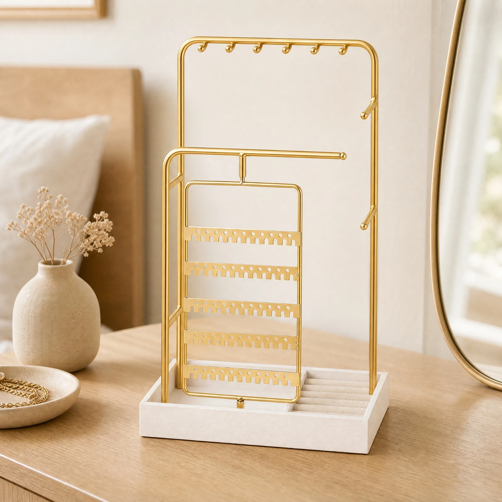 Rotating Jewelry Organizer Sturdy Desktop Jewelry Stand with Earring Panel Necklace Display Stand Space-Saving