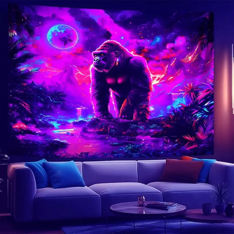VIKAMA Trippy Elephant Tapestry Glow In The Dark Neon Jungle Flower Wall Hanging Psychedelic Decor for Dorm Room Gaming Room