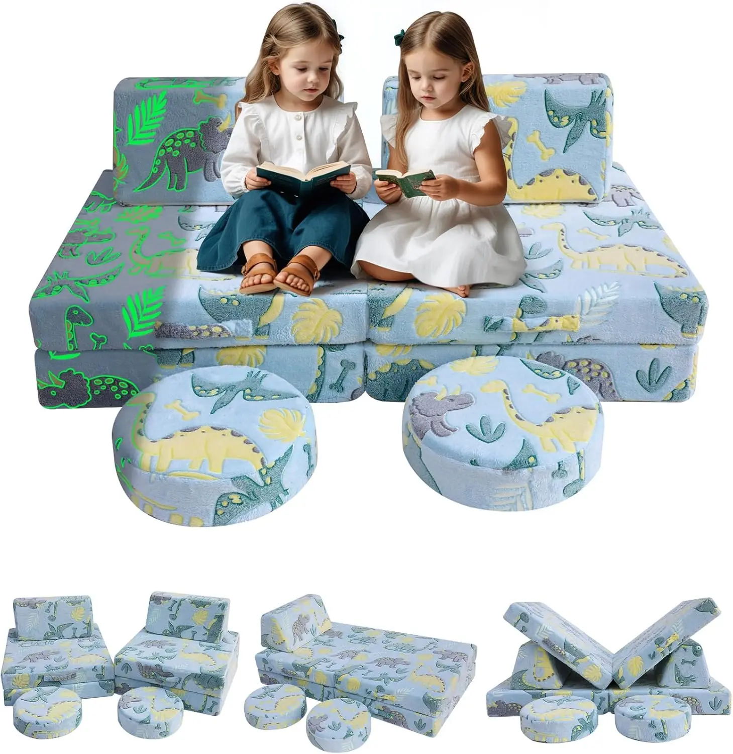 Glow Sofa Modular Toddler for Playroom, 8-Piece Fold Out Baby Play Set, Children Convertible Sofa Foam