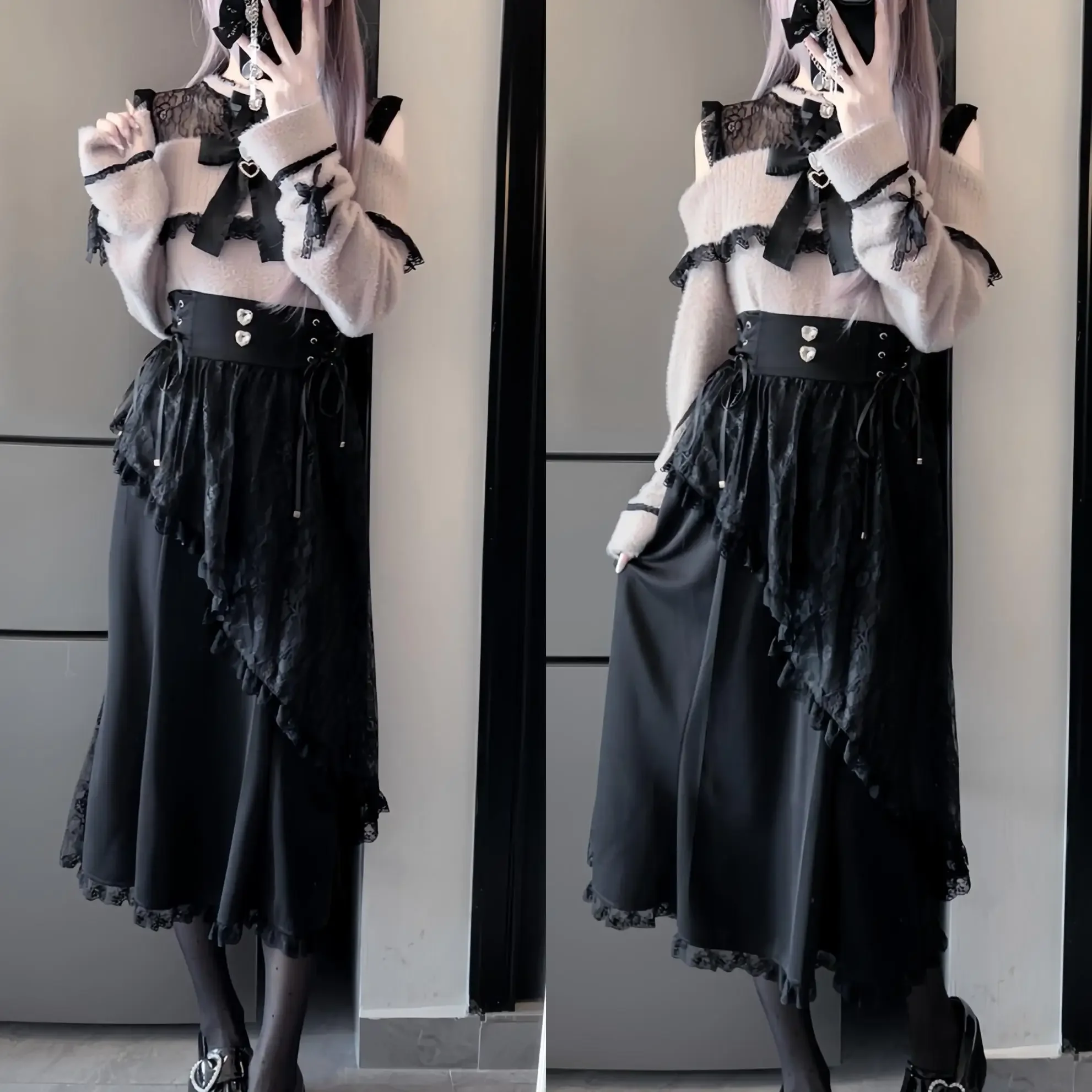 Japanese Mine Style Mass- Produced Cute Sweet Sweater Women's Bow Lace Splicing Off-shoulder Knitwear Top Lady Black Y2k Skirt