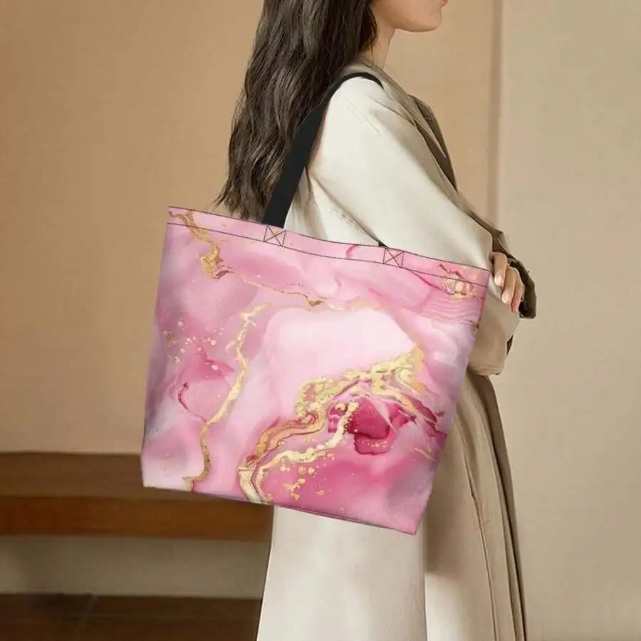 

Pink Marble Print Tote Bag Women Casual Shoulder Bag Soft Fabric Everyday Use