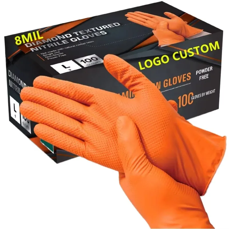 Orange Nitrile Gloves Powder Latex-Free Mechanical Diamond For Auto Repair Landscape Gardening Woodworking