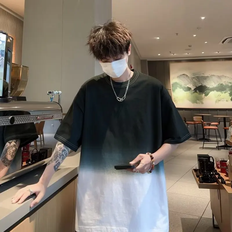 Gradually Change Color T-shirt Men Summer Pure Cotton Loose Casual Round Neck Short Sleeve Trendy Couple Five-quarter Sleeve Top