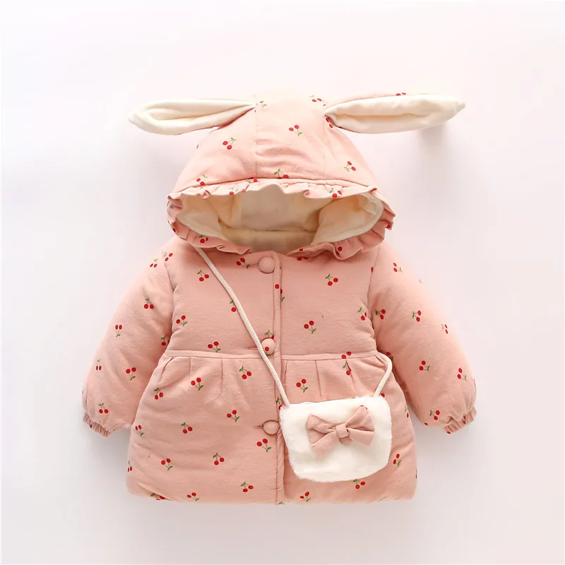 Winter Girls\' Cotton Clothes New Children\'s Clothing Sweet Solid Cherry Print Cotton Clothes Cute Rabbit Ear Hooded