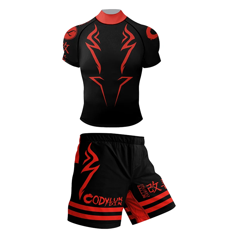 カスタムデザイン メンズMMAウェア ドライフィット スポーツシャツ+伸縮性バンド付きショーツ 抗ピリング 柔術 キックボクシング ラッシュガード 4点セット