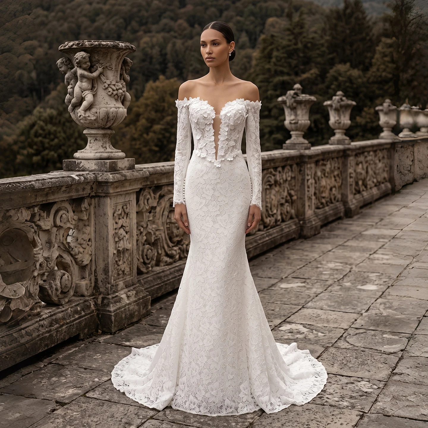 Sharon Said Elegant Off White Sweetheart Lace Mermaid Wedding Dress with Long Sleeve 3D Floral Applique Bridal Gown SW689 Custom