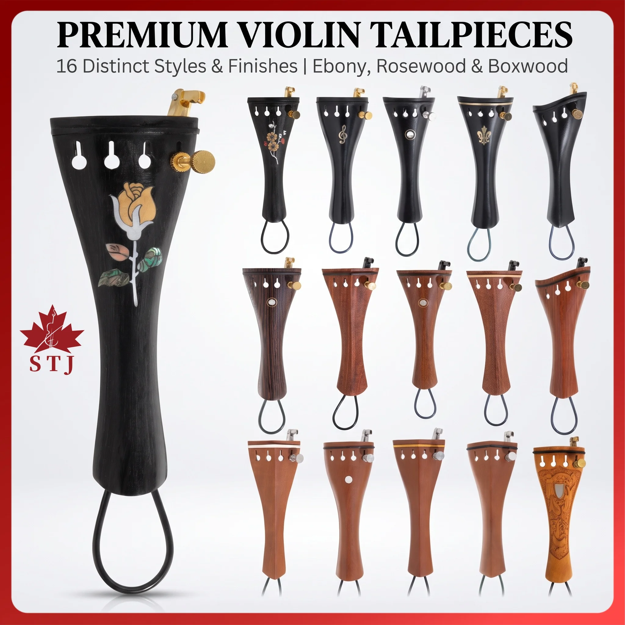 3pcs Violin Fiddle 4/4 Tailpieces, Top Grade Jujube Wood/Ebony Wood/Rosewood Tail Piece With Fine Tuners+Nylon Tailgut Tailcord