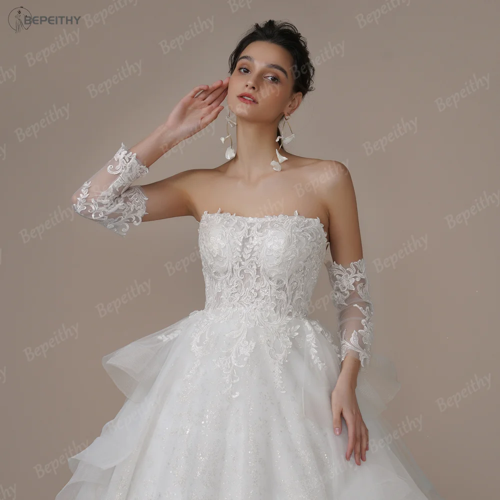 BEPEITHY Customized Strapless A Line Glitter Wedding Dress For Bride Sweep Train Ruffles Skirt Modern Princess Bridal Gown 2023