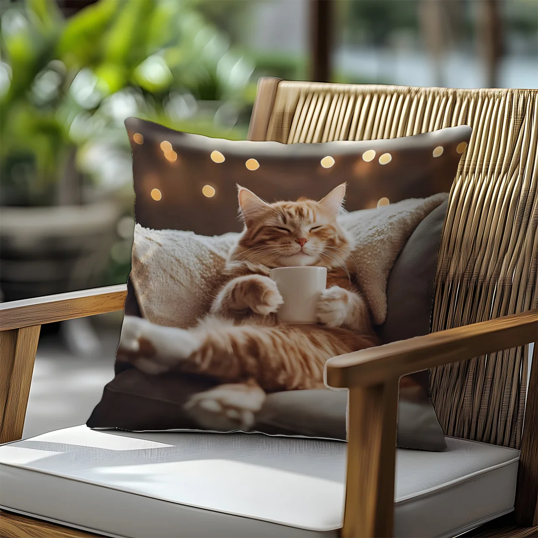 Healing Cat Pillow Cover Reading Drinking Coffee Printing Sofa Scene Warm Home Living Room Cushion Cover Sofa Car Decor Gifts