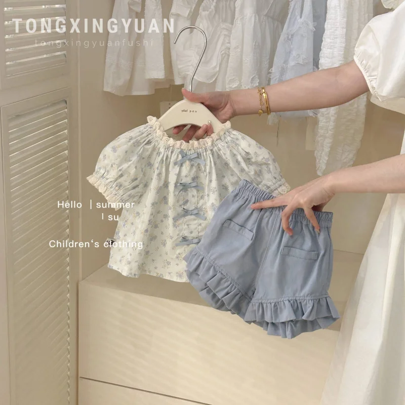 

Children's Lace Doll Shirt New Girls' Baby Summer Clothing Floral Top Trendy Shorts Two-Piece Set