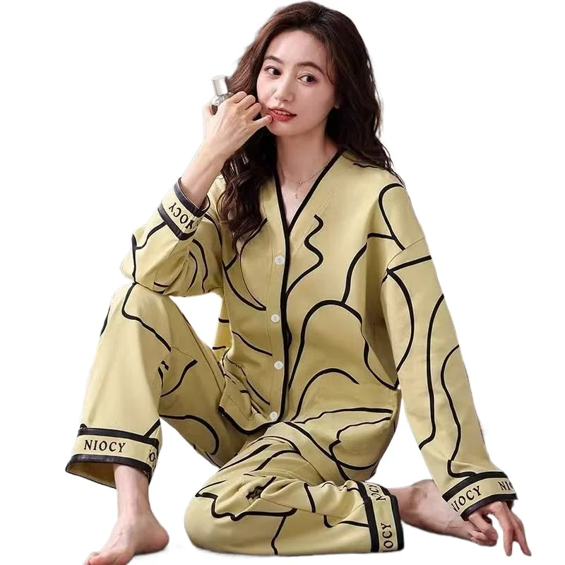 

Women's Spring Summer Autumn Plus Size High-quality Long-sleeved Trousers Cardigan Two-piece Set Loungewear Light Luxury Pajamas
