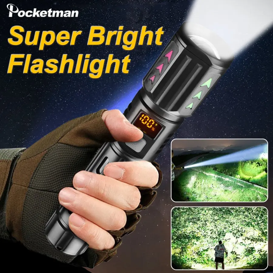 Multi-functional LED Flashlight 3 Modes Type-C USB Rechargeable Flashlights Telescopic Zoom Torch with Digital Display