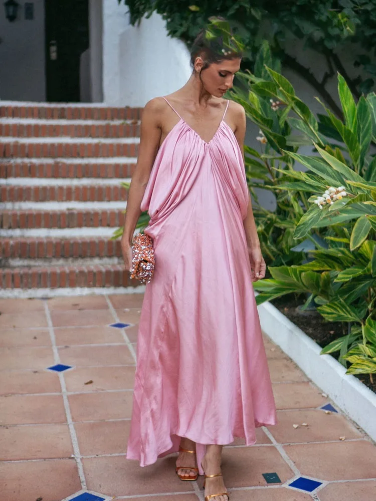 HH Abito longuette da donna elegante da festa Silhouette con scollo a V Design pieghettato Abiti da strada senza schienale Abiti da vacanza estivi da donna