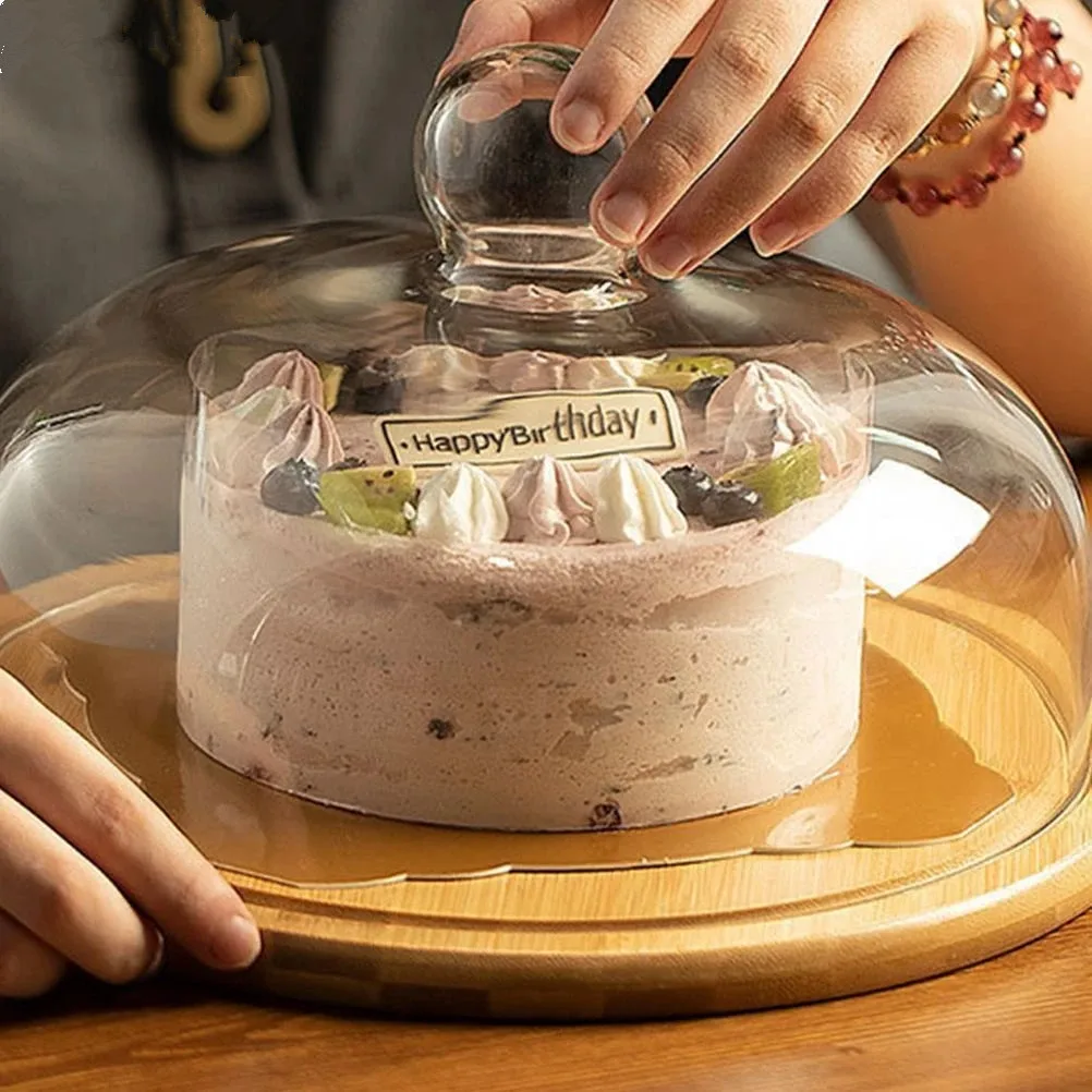 Wooden Cake Stand Dessert Plate Macaron Cupcake Serving Tray Transparent Glass Dome Display Cover Food Container