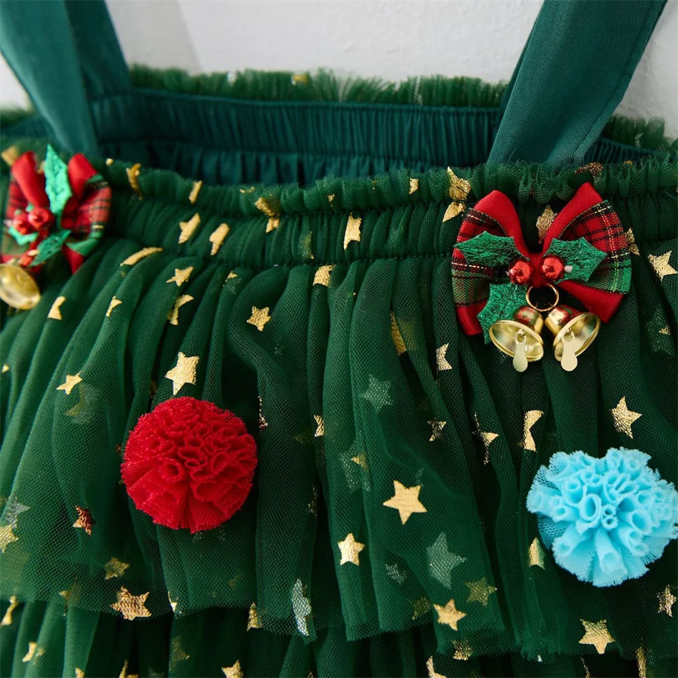 Girls Christmas Star Mesh Green Red Princess Dress Children Fairy Tutu Layered Slip Frocks Kids Xmas Carnival Party Clothing