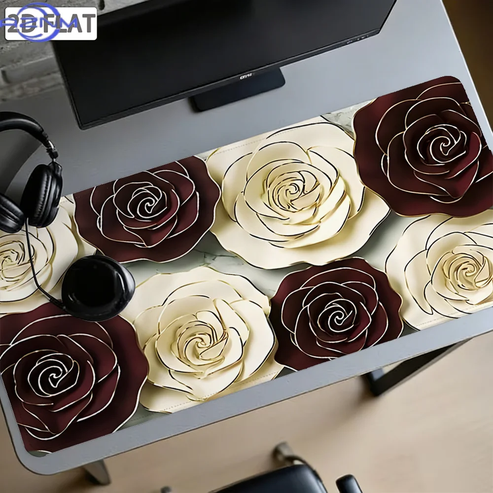 1pc Luxury Golden Trimmed Rose Edge Mouse Pad & Desk Mat - Non-Slip Cream White/Dark Brown Floral Suitable for Office, Gaming, P