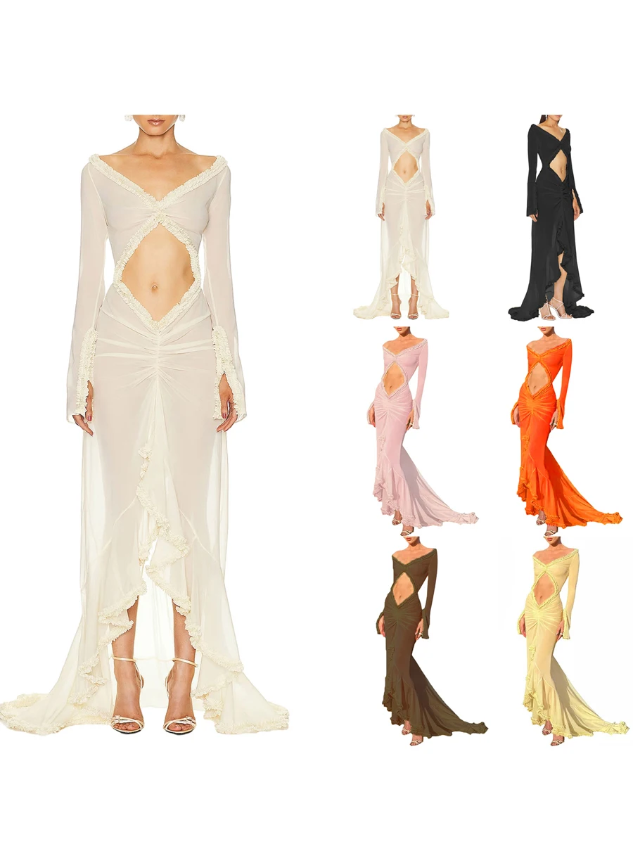 Long Dresses for Women Long Sleeve V Neck Cut Out Long Maxi Dresses Sexy See Through Sheer Mesh Bodycon Party Cocktail Dresses