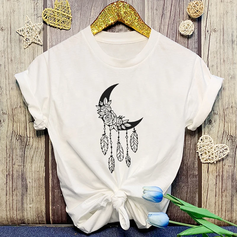 New Moon Dream Catcher Letter Print T-Shirt Women'S Fashion Casual Summer Cool Shirs Unisex Moon Dream Catcher Short Sleeve