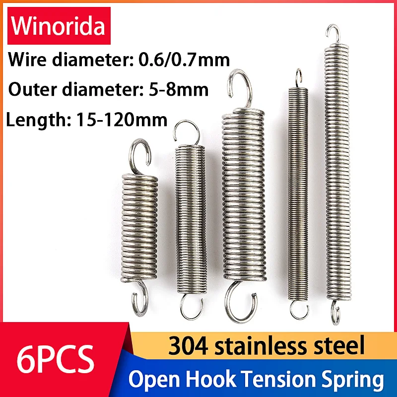 6Pcs Wire Diameter 0.6mm 0.7mm  304 Stainless Steel  Open Hook Tension Spring Hook spring Extension Spring Draught Spring