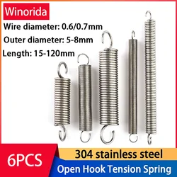 6Pcs Wire Diameter 0.6mm 0.7mm 304 Stainless Steel Open Hook Tension Spring Hook spring Extension Spring Draught Spring