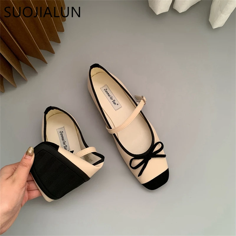 SUOJIALUN Women Flat Shoes Fashion Round Toe Shallow Slip On Ladies Soft Ladies Mary Jane Ballerinas Flat Heel Casual Ballet Sho