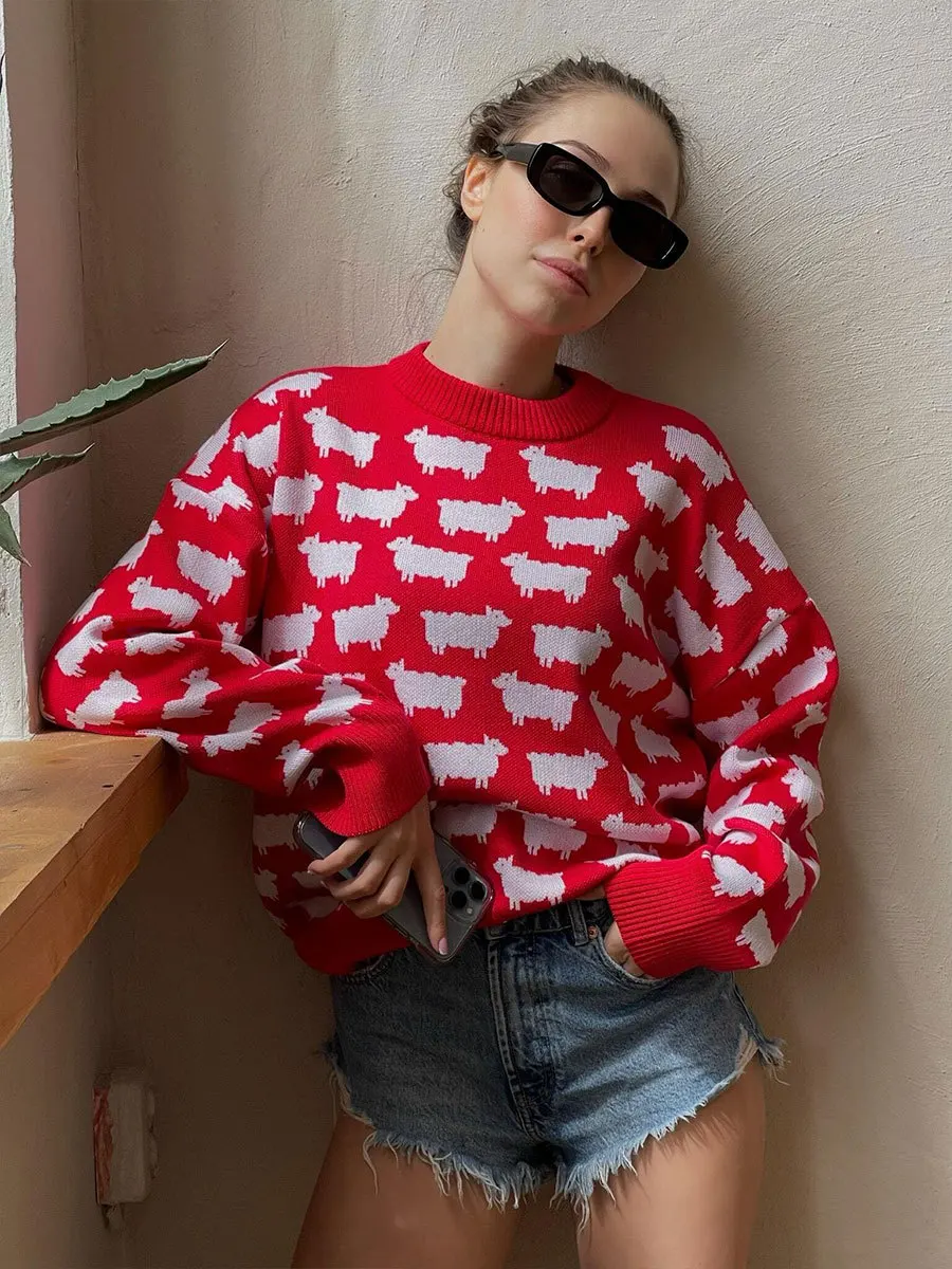 Sheep Print O Neck Long Sleeve Sweater Women Autumn Winter Vintage Fashion Streetwear Loose Knitted Pullover Tops Casual Clothes