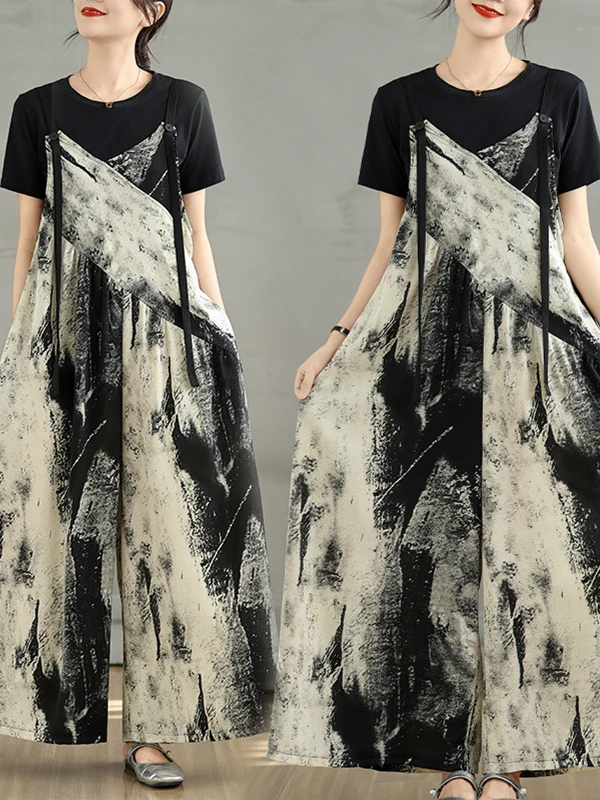 

Ele High-End One-Piece Pants Women's Summer Simple Slimming Loose Casual Age-Defng Overalls Wide Leg Cotton Trousers