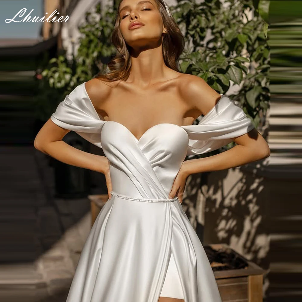 

Lhuilier Customized A Line Satin Wedding Dresses Off the Shoulder Pleated Bridal Gowns with High Slit