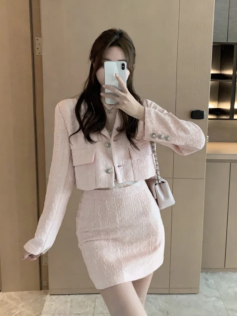 Korean Notched Tweed Jacket Pink Blazer Mini Plaid Skirt Two Piece Sets Womens Outifits 2024 Autumn Winter Clothes Suits