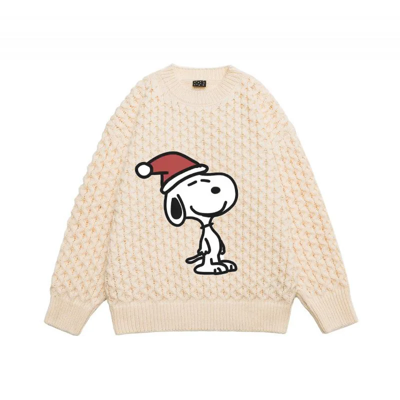 

2023 Winter New Snoopy Japanese Simple Trend Twisted Flowers Round Neck Sweater Couple Thickened Warm Sweater M-Xl Anime Tops